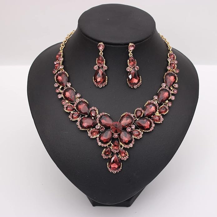 Women's Wedding Bridal Austrian Crystal Glass Teardrop Statement Necklace Dangle Earrings Bracelet Ring Wedding Party Jewelry Set for Bridal Bridesmaid