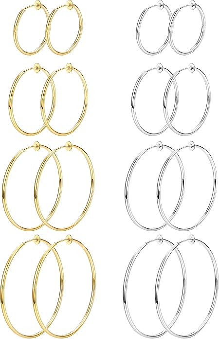 Magitaco 8 Pairs Clip On Hoop Earrings Stainless Steel Clip On Earrings for Women Fake Hoop Earring Spring Hoop Earring For Non-Pierced Ears