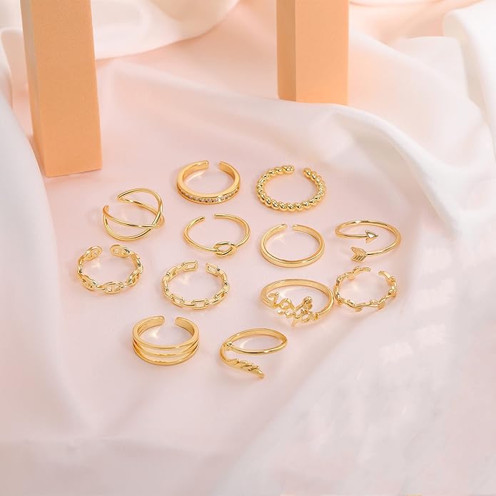 Honsny 12PCS Silver Plated Rings Adjustable Open Rings for Women Cute Gold Plated Stackable Thumb Rings Joint Chain Midi FingerArrow Knot Wave Band Rings Set