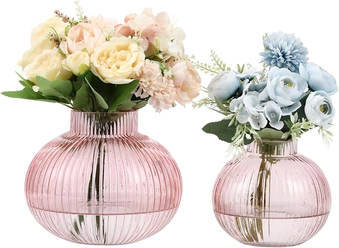 Pink Glass Vases for Tulips, Flower Vases for Bouquet, Ribbed Glass Vase for by YANWE