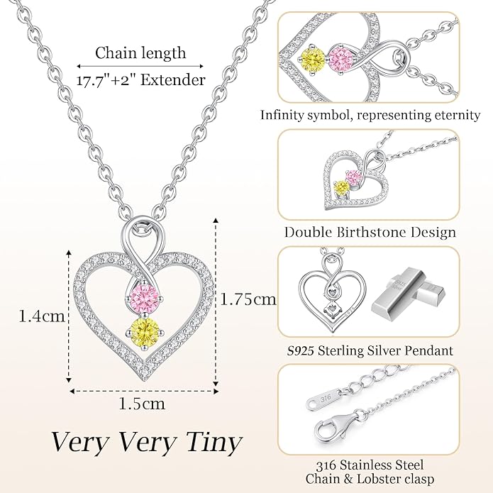 LOUISA SECRET Infinity Double Birthstone Necklace, 925 Sterling Silver Tiny Pendant Heart Necklace for Women Wife Her, Best Jewelry Gift Heart Jewelry Meaningful Gift for Valentine's Day, Christmas, Birthday Anniversary