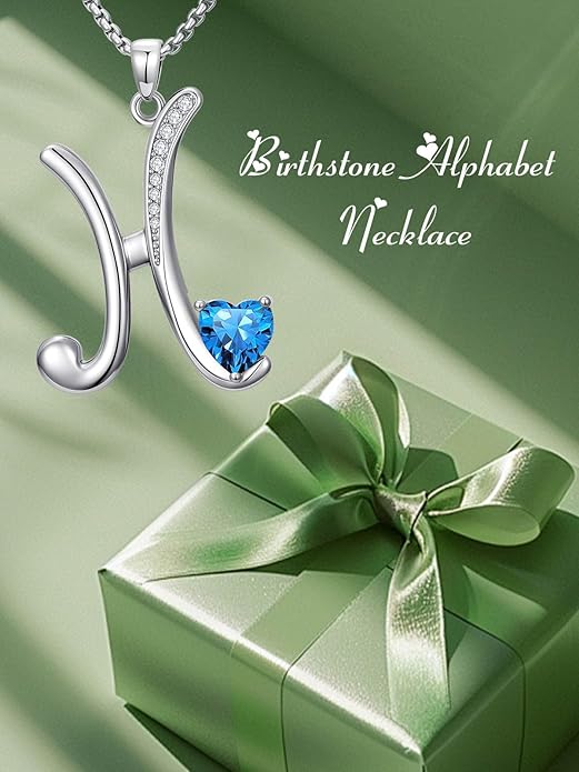 Valentines Day Gifts for Women Alphabet A to Z Initial Birthstone Pendant Necklaces for Women - 18k White Gold Plated Personalized Name Jewelry Valentine Mothers Day Birthday Gifts for Women Her Girlfriend