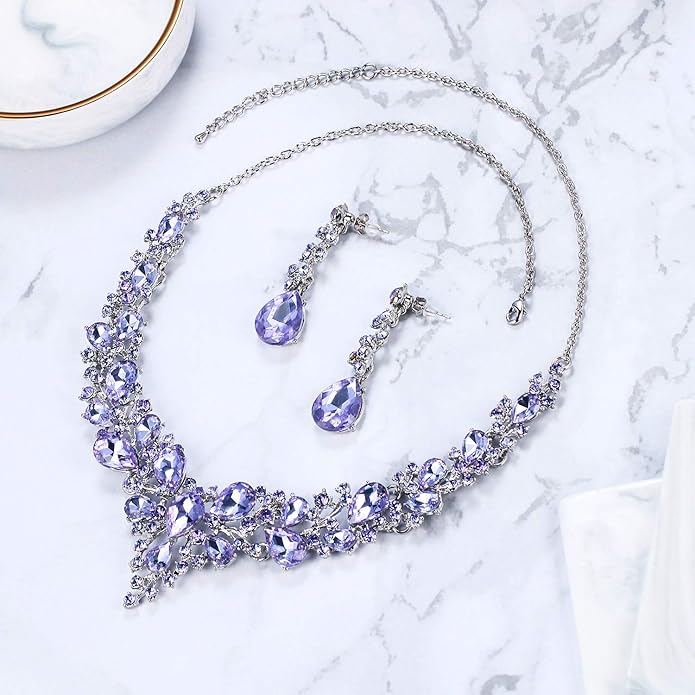BriLove Women's Wedding Bridal Austrian Crystal Teardrop Cluster Statement Necklace Dangle Earrings Jewelry Set