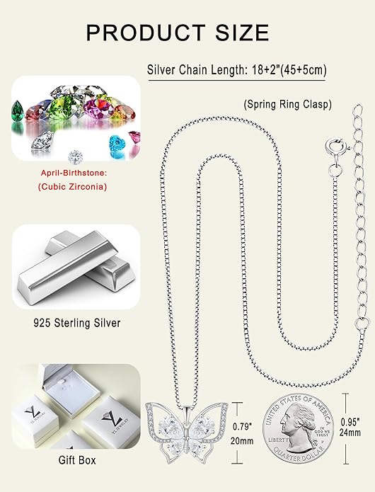 YL Women's Butterfly Necklace 925 Sterling Silver Flower Rose Pendant Birthstone Halo Jewelry