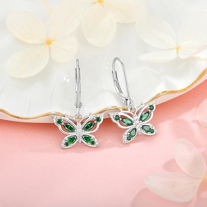 Women's Butterfly Leverback Dangle Earrings 925 Sterling Silver 5A Cubic Zirconia Jewelry for Valentine Mother's Day Birthday Gifts for Her
