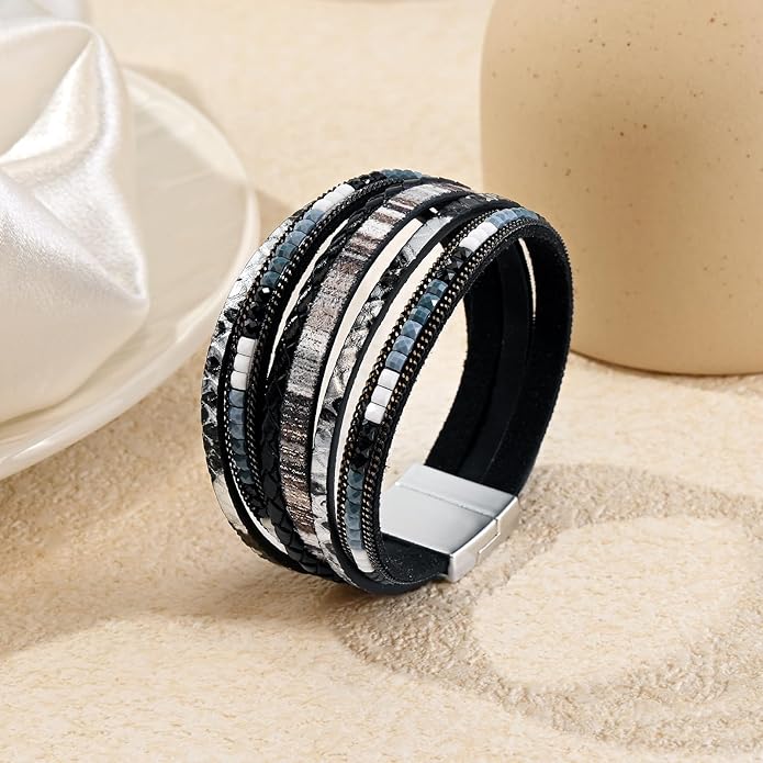 Wrapped Bracelets for Women,Leather Bracelet,Boho Bracelets for Women,Multi-Layer Pearl Crystal Bracelet Bangle Jewelry