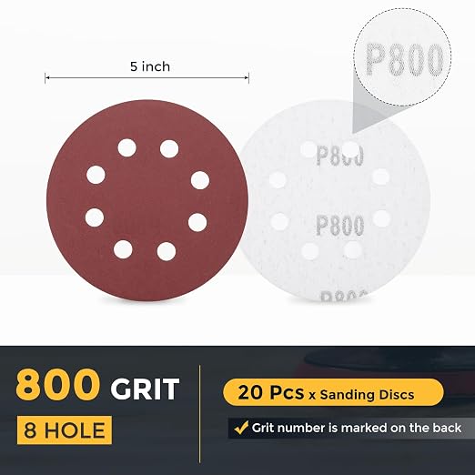 HARFINGTON 20 Pcs 5 Inch Sanding Discs 800 Grit Red Aluminum Oxide 8 Hole | - Image 2