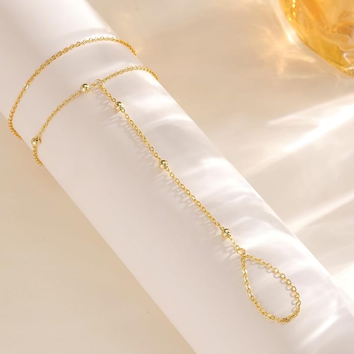 CHESKY 14K Gold Plated Hand Chain Bracelets for Women Set - Dainty Finger Ring Bracelet Stack Adjustable Hand Chains Durable Beaded Bracelets Trendy Simple Body Jewelry Gift for Women