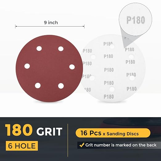 HARFINGTON 16 Pcs 9 Inch Sanding Discs 180 Grit Red Aluminum Oxide 6 Hole | - Image 2