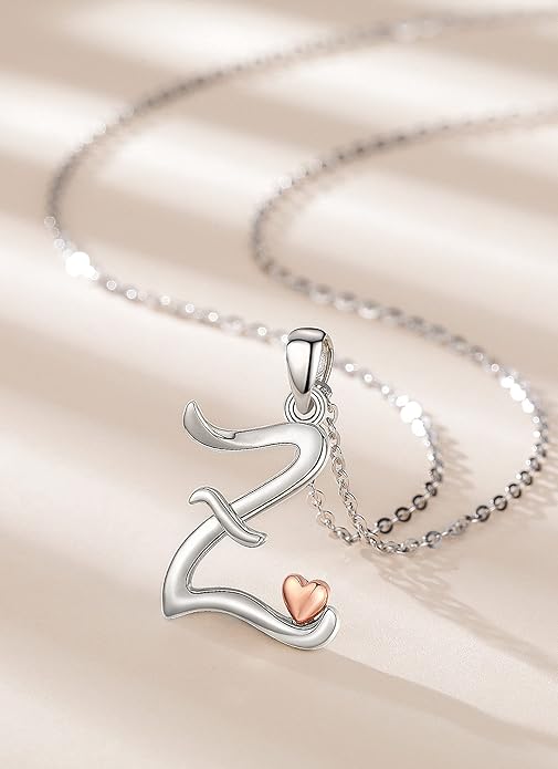 CELESTIA 925 Sterling Silver Initial Necklaces 26 Letter with Rose Gold Heart - 18 Inch Chain