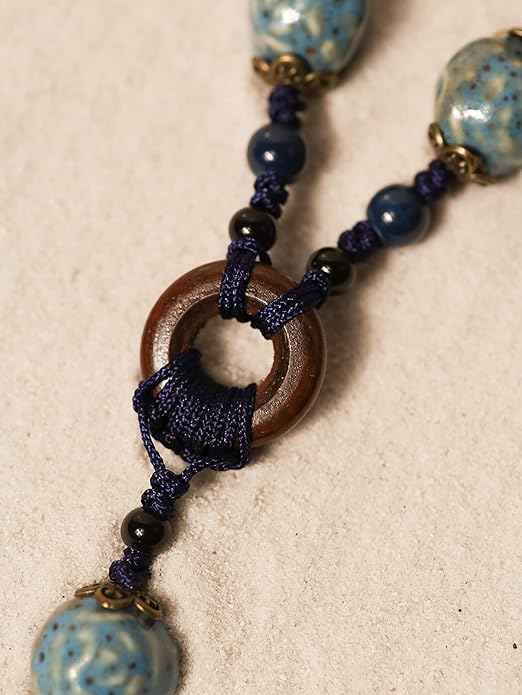 MINACHI Boho Hippie Colorful Ceramic Beads Strand O Ring Circle Charm Long Y Necklace, Vintage Bohemian Statement Jewelry Gift for Women