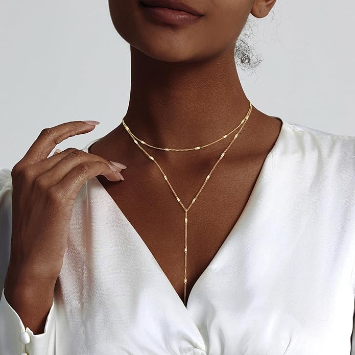 Lariat Gold Necklace for Women Dainty Long Necklace 14k Gold Plated/Silver Y-Shaped Pendant Drop Chain Trendy Layered Pearl/Beaded/CZ Necklaces Simple Gold Jewelry For Women Gift