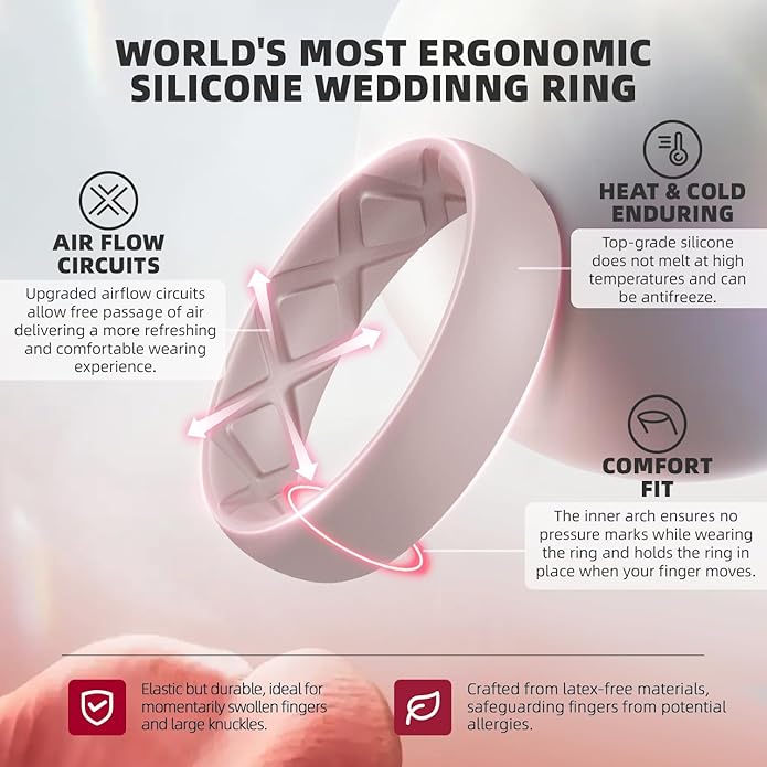 Egnaro Women's Bridal Rings Sets, Inner Arc Ergonomic Breathable Design Silicone Rubber Wedding Bands