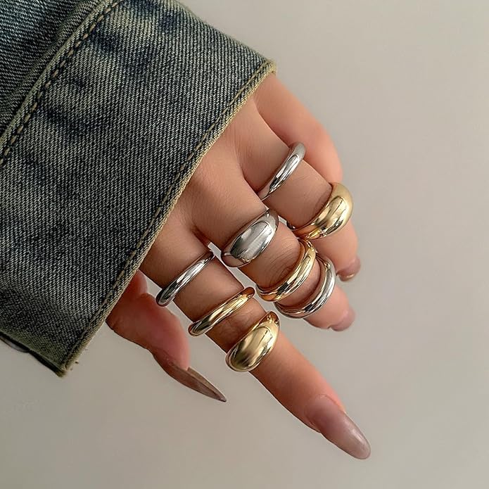 MIFYNN Chunky Gold Rings for Women Gold Silver Adjustable Thick Ring Fashion Statement Ring Open Dome Ring Chunky Silver Rings Geometric Curved Minimalist Simple Rings