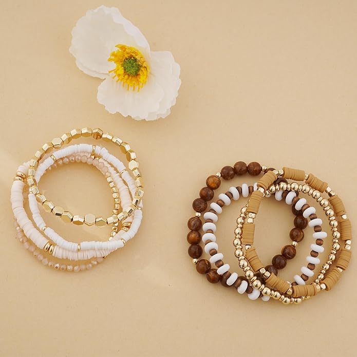 GOOJIDS Surfer Heishi Clay Bead Bracelets for Women Bohemian Stackable Gold Plated Beaded Stretch Bracelets Elastic Layering Friendship Bracelets Set Boho Jewelry