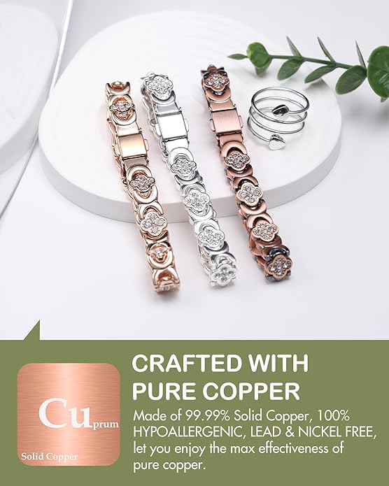 Feraco Pure Copper Bracelets & Rings for Women, Ultra Strength Magnetic Bracelet for Women with Neodymium Magnets & Sparkling Cubic Zirconia, Adjustable, Infinite Clover Jewelry