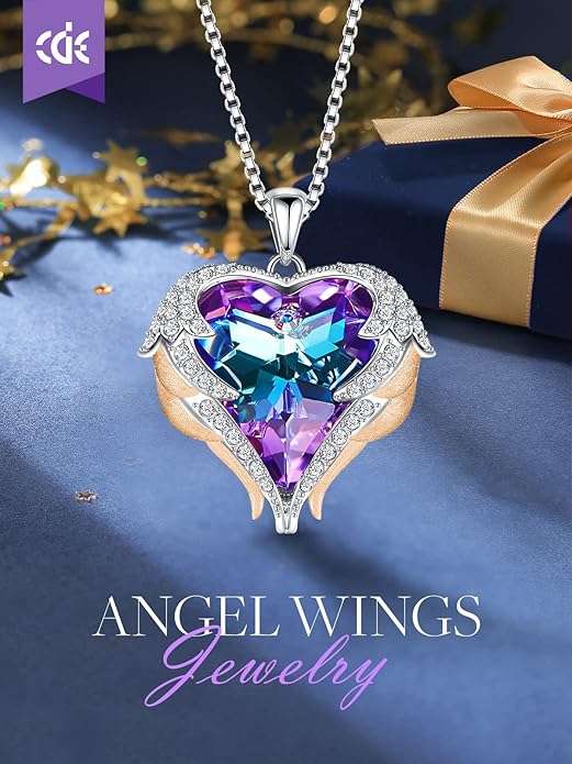 CDE Valentines Day Gifts for Women Angel Wings Necklace for Women with Birthstone, Love Heart Silver Tone/Gold Tone Pendant, Ideal Anniversary or Birthday Jewelry Gifts for Wife Girlfriend Her