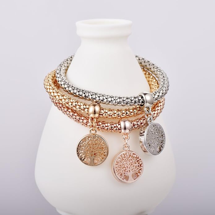Crystal Charms Multilayer Bracelets - 3PCS Gold/Silver/Rose Gold Corn Chain Bracelet for Women, Tree of Life Heart Shaped Stretch Bracelet