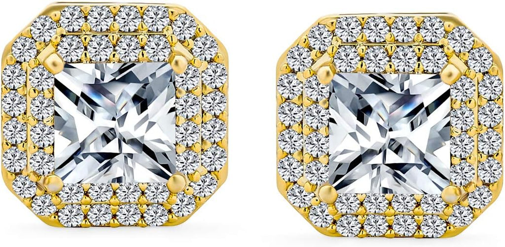Bridal Art Deco Estate Jewelry Style Fashion Simulated Emerald Green Cubic Zirconia Pave Baguette Halo AAA CZ Square Large Oval Stud Clip On Earrings For Women Wedding Yellow 14K Gold Silver Plated