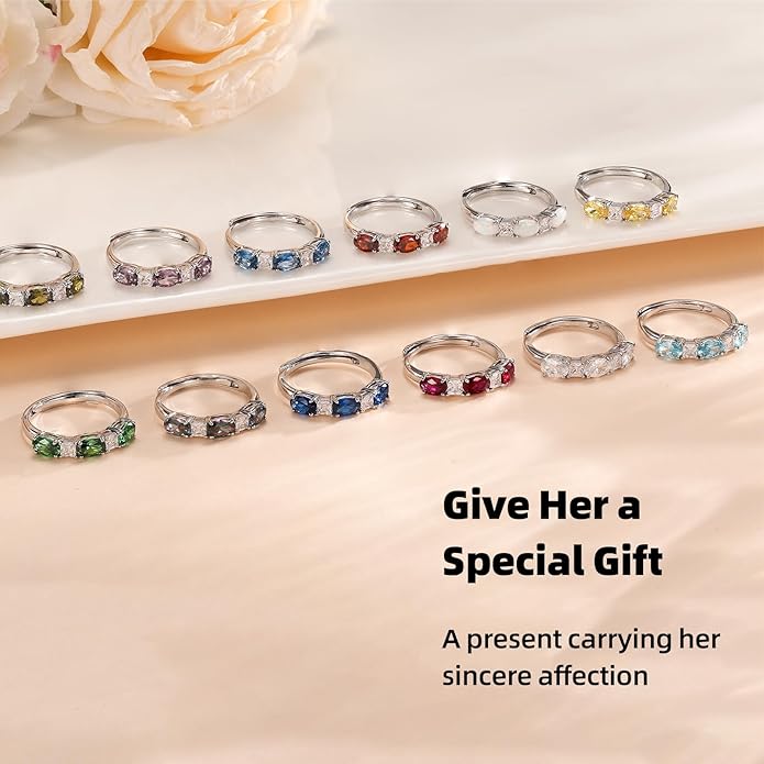 925 Sterling Silver Birthstone Rings for Women - Adjustable Size Women Jewelry Birthday Gifts for Girlfriend,Wife,Mom