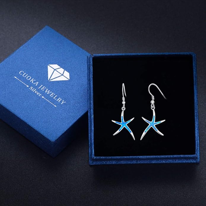 925 Sterling Silver Starfish Earrings With Opal Fish Hoops, Nautical Hawaiian Sea Beach Jewelry for Women and Starfish Lovers