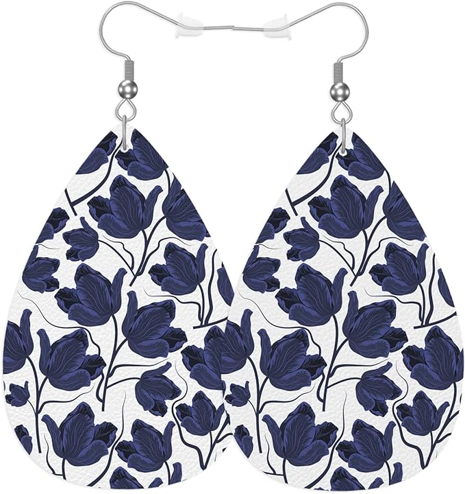 Tulips Teardrop Earrings For Women Friends Dark Blue Poppies Nature Floral Plants Dangle Earrings Water Drop Earrings Leather Earrings