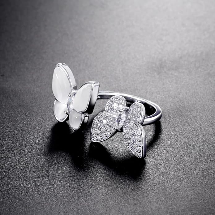 Double Butterfly Rings for Women AAA Cubic Zirconia Finger Ring Ladies Fashion Hand Jewelry Natural Stone Adjustable Ring