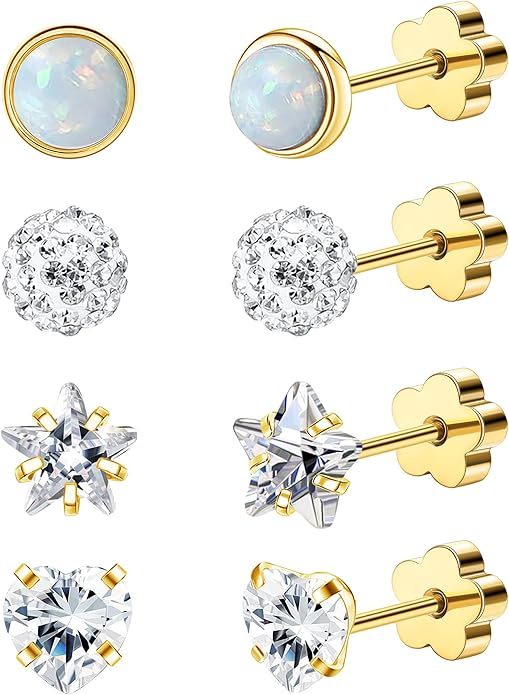 4Pairs 14K Gold Stud Earrings for Women Girls 316L Stainless Steel Hypoallergenic Earrings 20G Flat Back Handmade Nap Earrings Cute Screw Back Opal Heart Star Cartilage Earrings