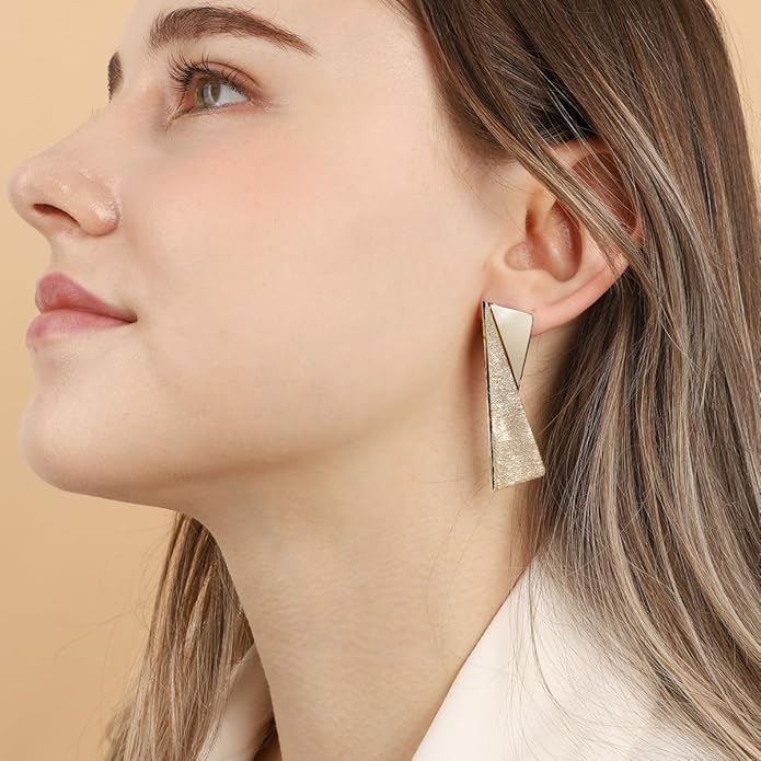 OZEL Gold Dangle Earrings for Women Brushed Finish, Matte Gold Statement Jewelry, 14k Gold Plated