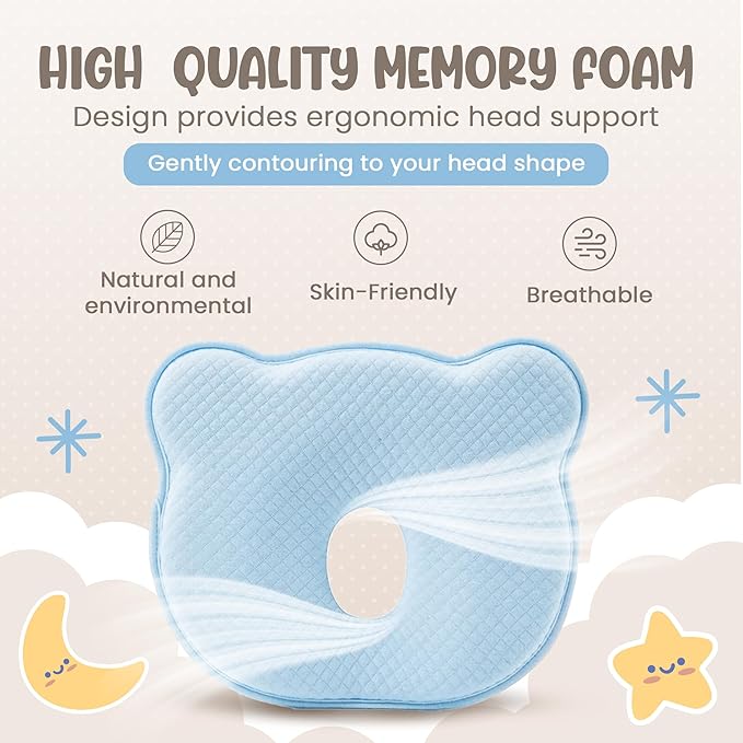 Soft and Breathable Baby Pillow with Memory Foam and Bear Design (Blue)