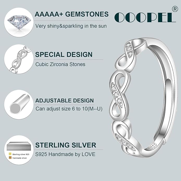 OOOPEL Sterling Silver Adjustable Ring S925 Silver Rings for Women Cubic Zirconia Twist Love Knot Dainty Ring Silver Minimalist Open Finger Rings Silver Thumb Sterling Silver Ring