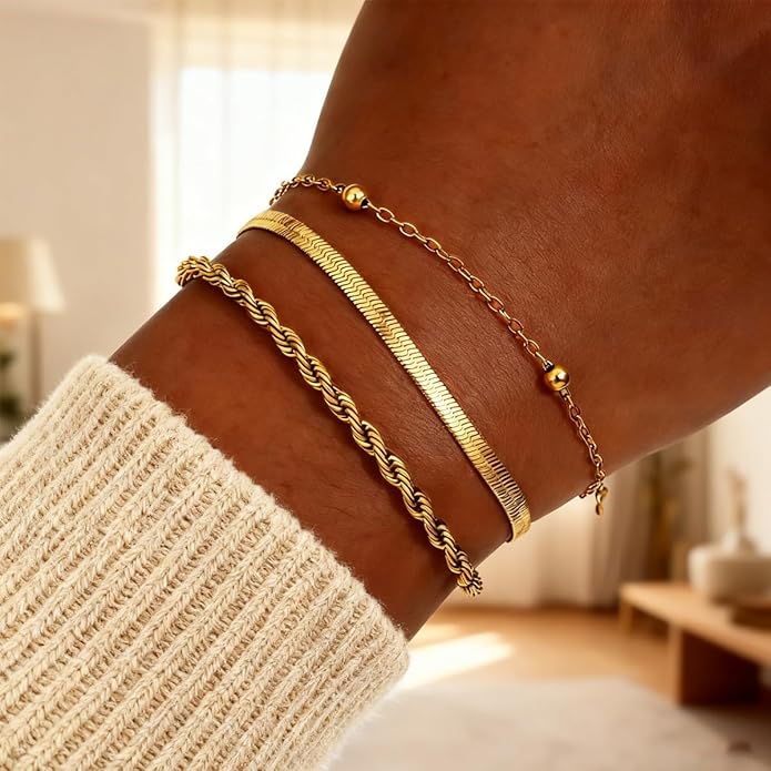 18K Gold Plated Bracelet Sets for Women Waterproof - Trendy Thin Dainty Stackable Cuban Link Paperclip Snake Twisted Chain Fashion Jewelry Accessories Gifts for Women