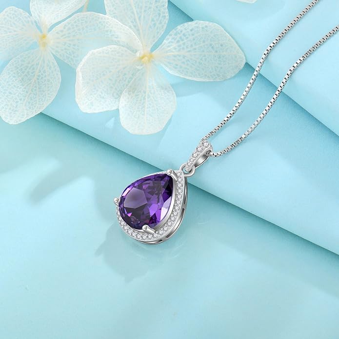 FJ Teardrop Pendant Necklace 925 Sterling Silver Birthstone Jewelry Gifts for Women
