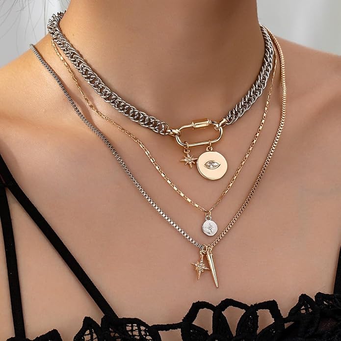 Gold Layered Necklaces for Women, 2PCS/3PCS Mixed Metal Necklace Set with Gold and Silver Necklace Chains with Evil Eye, Star & Spike Charms, Chunky Necklaces for Women & Necklace Stack Trendy Pendant Jewelry Birthday Valentines Day Gifts for Her
