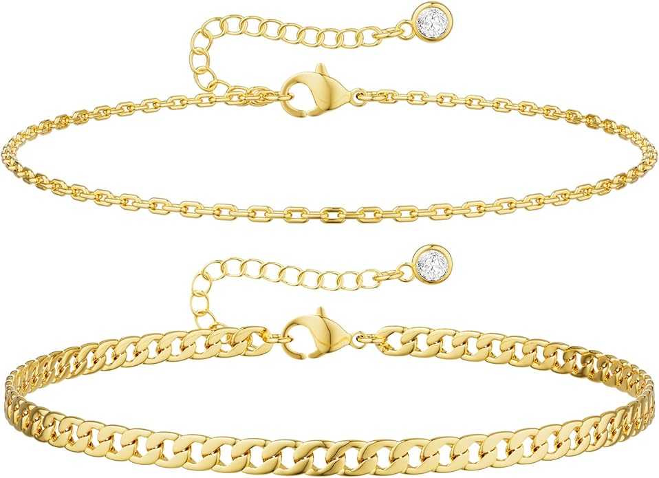 DEARMAY Dainty 14K Gold Plated Ankle Bracelets for Women, Waterproof 14K Gold Plated Link Chain Anklets Non Tarnish Set Pack Summer Beach Jewelry Gift