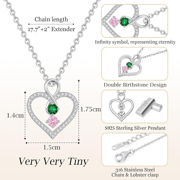 LOUISA SECRET Infinity Double Birthstone Necklace, 925 Sterling Silver Tiny Pendant Heart Necklace for Women Wife Her, Best Jewelry Gift Heart Jewelry Meaningful Gift for Valentine's Day, Christmas, Birthday Anniversary