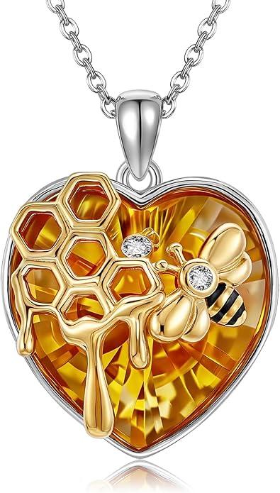 SNOWELLE Bee Necklace 925 Sterling Silver Heart Honey Bee Pendant Honeycomb Necklace Cute Animal Jewelry Gifts for Women