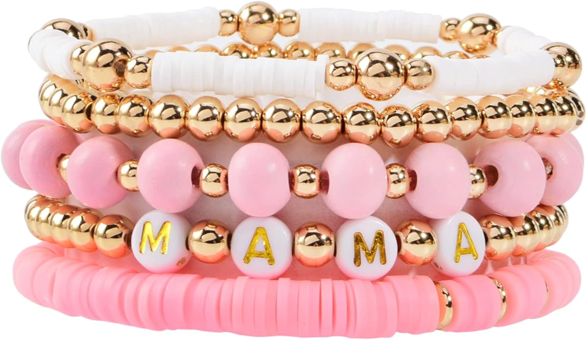 GOOJIDS Surfer Heishi Clay Bead Bracelets for Women Bohemian Stackable Gold Plated Beaded Stretch Bracelets Elastic Layering Friendship Bracelets Set Boho Jewelry