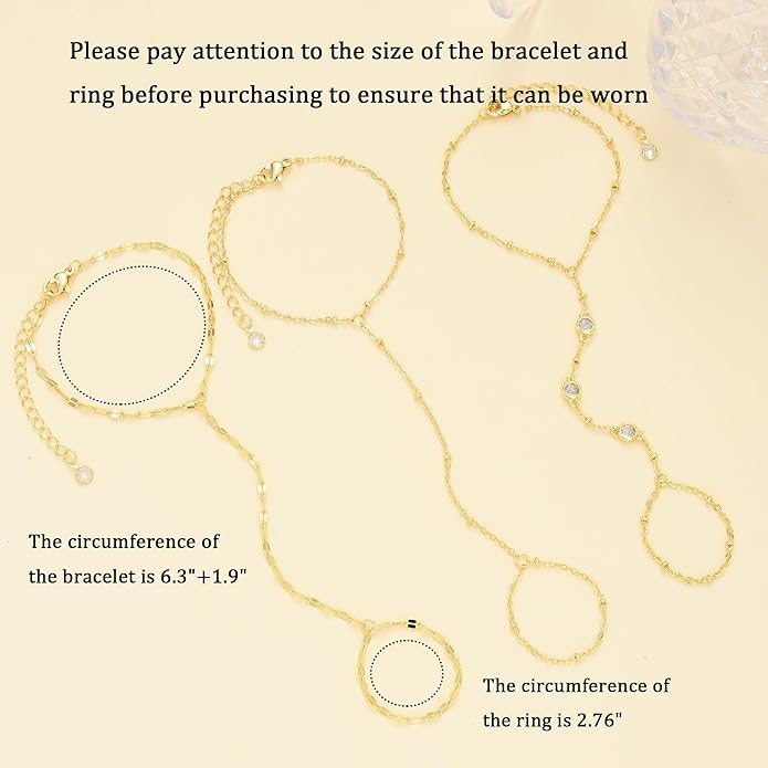 3PCS 14K Gold-Plated Hand Chain Bracelets for Women, Stack Bracelets Set Adjustable, Trendy Dainty Ring Bracelet Hand Chain
