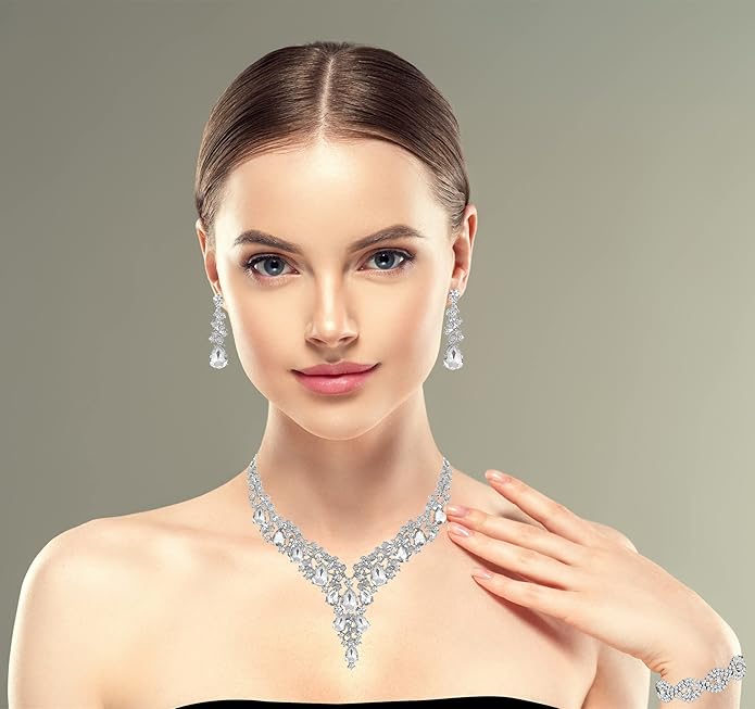 Wedding Bridal Bridesmaid Austrian Crystal Rhinestone Jewelry Sets Statement Choker Necklace Earrings Bracelets Sets for Wedding Party Prom
