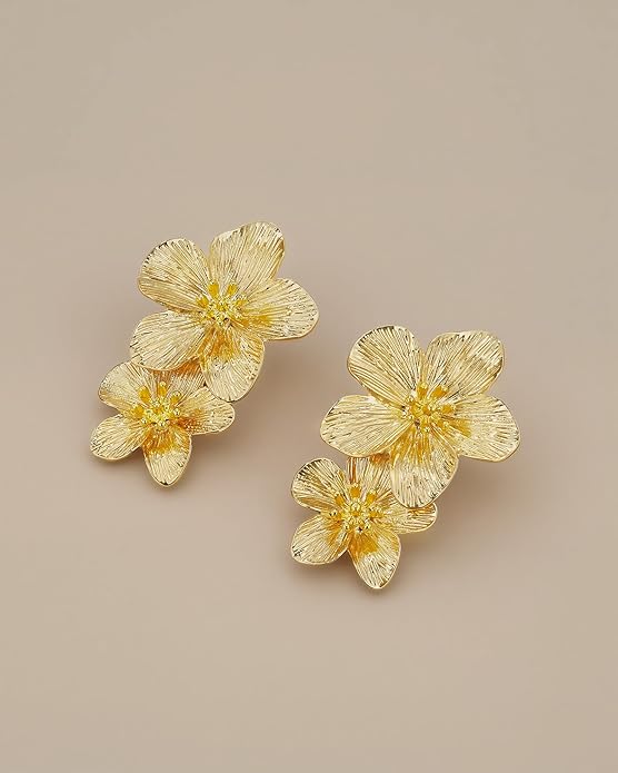 18K Gold Plated Large Chunky Flower Statement Earrings for Women by SNGIA, Summer Beach Floral Handmade Drop Jewelry, Maximalist Wedding Date Birthday Gift, Bold Exaggerated Textured Dangle Trendy Ribbed Jewelry, 18K Gold Plated Chandelier Fashion Acce...