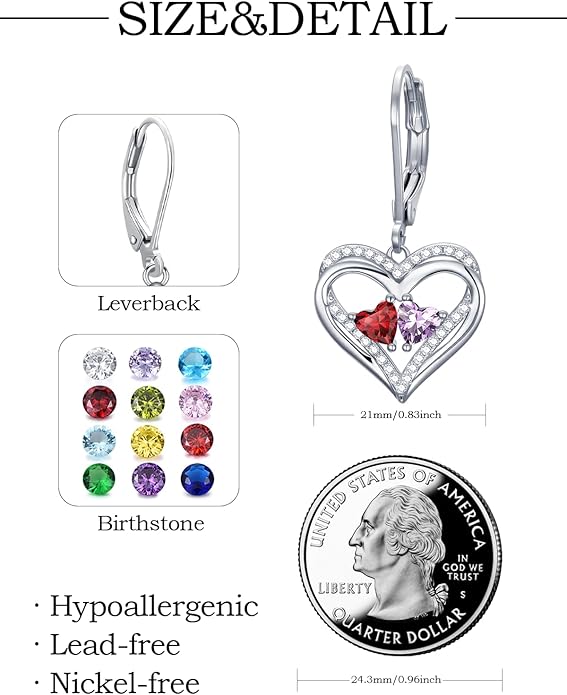 Valentines Day Gifts for Women, Heart Leverback Earrings Double Birthstone Dangle Earrings for Women, Love Jewelry for Her, Anniversary Birthday Gift for Mom Wife Girlfriend