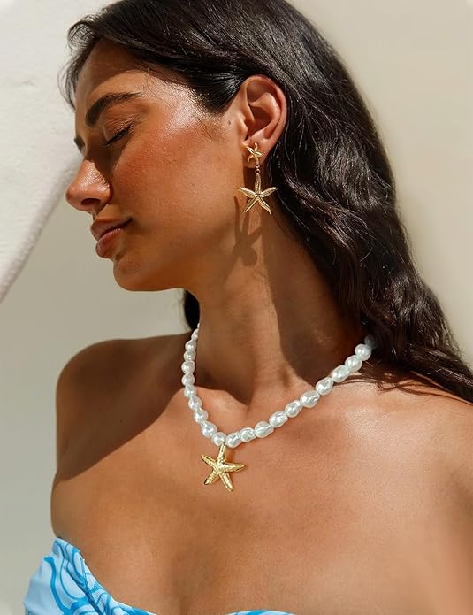 WOWORAMA Gold Necklace for Women Boho Spiral Conch Shell Necklace Starfish Necklace Vintage Ocean Sea Shell Choker Pendant Necklace Adjustable Summer Beach Jewelry