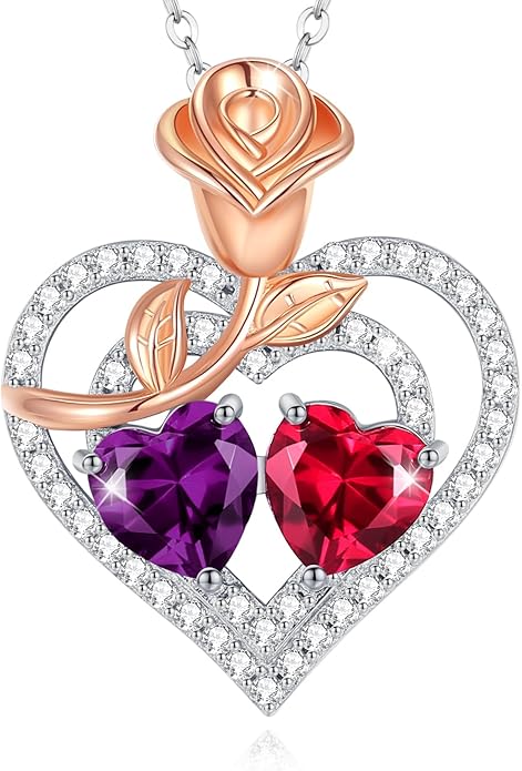 AGVANA Valentines Day Gifts Birthstone Necklace for Women Sterling Silver Rose Flower Heart Double Birthstone Jewelry Pendant Necklace Anniversary Birthday Gifts for Women Mom Wife Girlfriend Her