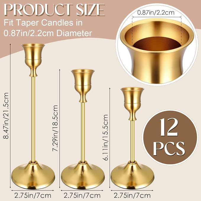 12PCS Brass Gold Taper Candle Holders Set, Metal Candlestick Holders | Tall - Image 5