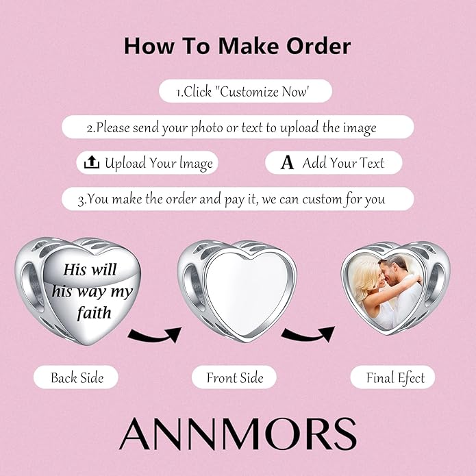 Annmors Personalized Photo Charms For Bracelets/Necklace 925 Sterling Silver Love Heart Shaped Engraved Customize Picture Gift for Birthday Mother's Day,Bead Charms Jewelry for Women