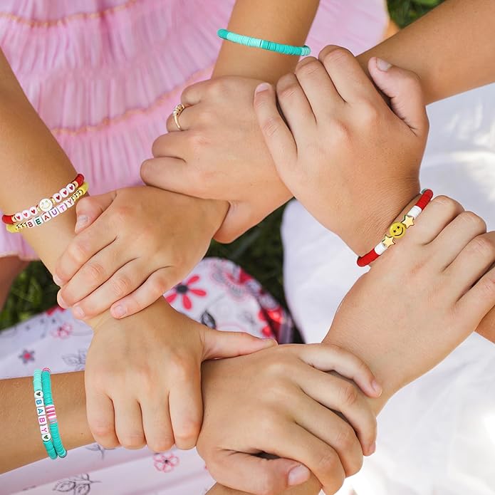 Preppy Bracelets Set Colorful White Gold Smile Heart Star Polymer Beaded Pearl Clay Stackable Charm Y2K Kidcore Aesthetic Summer Beach Bohemian Stretch Layering Bracelets Jewelry for Girls Women Teens