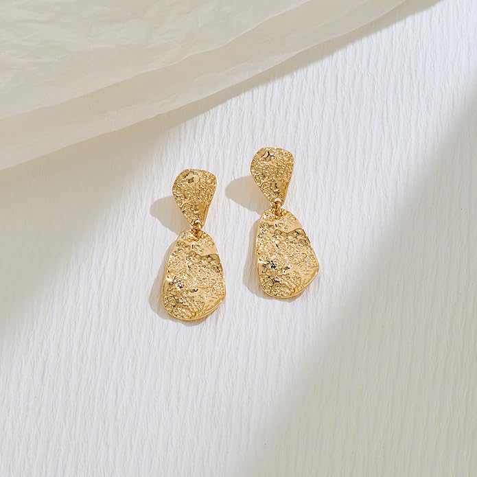 Chunky Gold Earrings for Women - Hammered Gold Plated Dangle Drop Jewelry Gifts