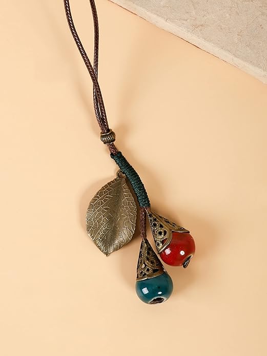 MINACHI Vintage Bohemian Leaf Charm Colorful Ceramic Bead Long Y Necklace, Boho Jewelry Gift for Women
