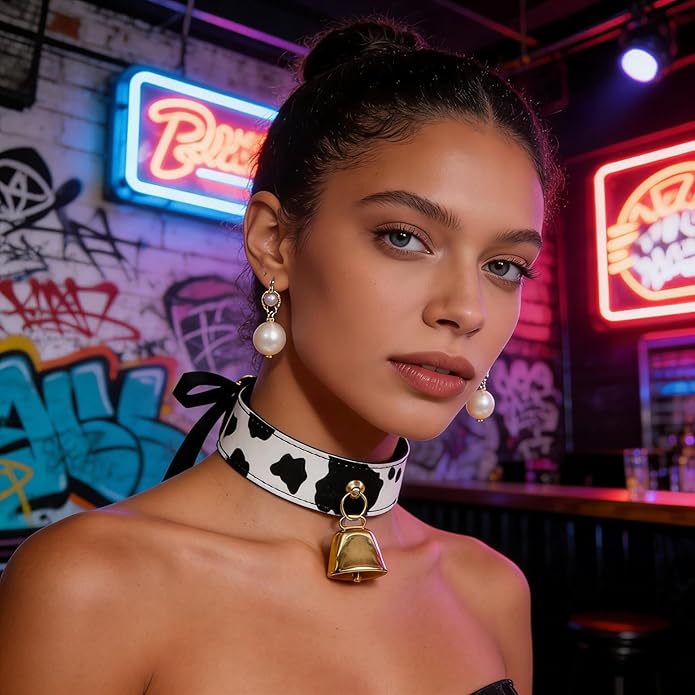 Bell Collar Necklace for Women, Cow Print PU Leather Choker with Flat Ribbon Tie, Anime Cow Cosplay Jewelry Gifts